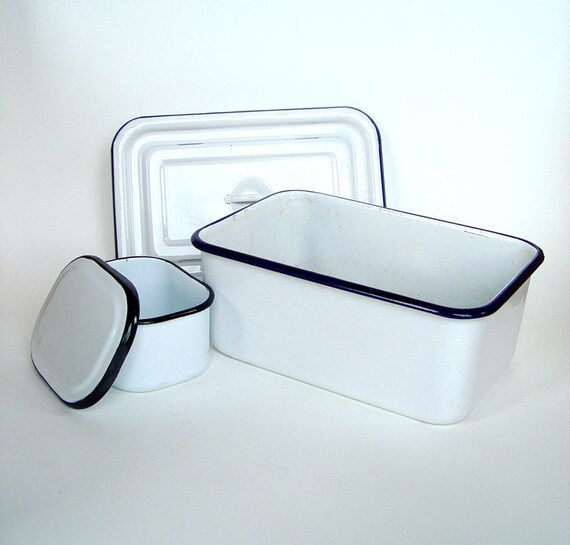 Vintage Enamelware White Pans with Lids Blue and Black Trim
