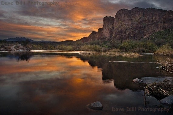 Arizona Photo Salt River orange, dusk, dawn, reflections, dark, calm, serene, soft, quiet, Sunset Drama - 13 x 19 Matted Fine Art