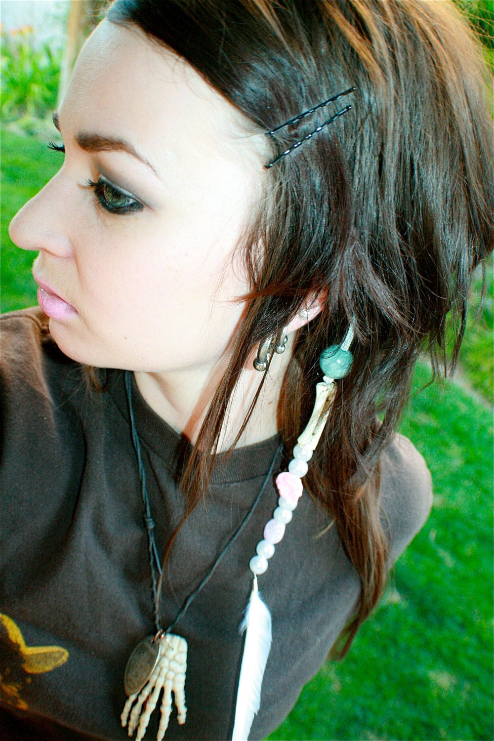 Feather Hair Extension with Pearls Pink stone bone by LeoJohnson