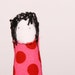 Curly little girl Wearing Fuchsia pink with polka dots and green hair flower - handmade fabric doll free shipping