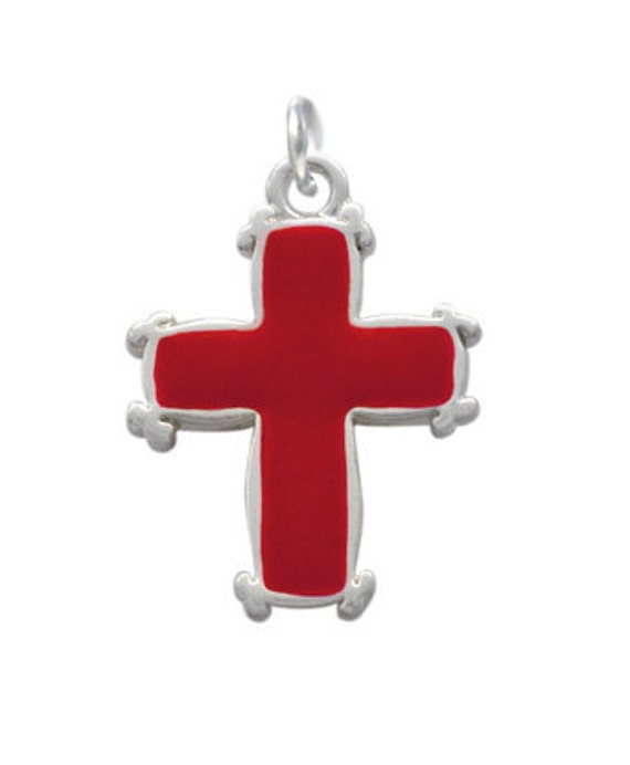 Charm, Silver Cross  Red charms Plated cross Enameled Qty.1 red