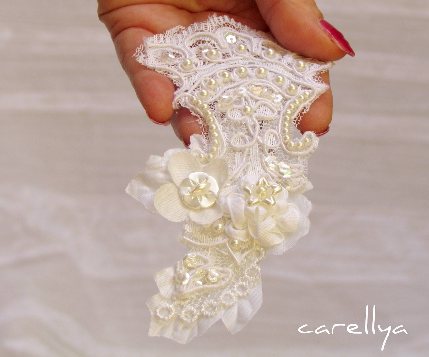 Wedding Lace Hair Clip With Pearls White Lace Bridal by carellya