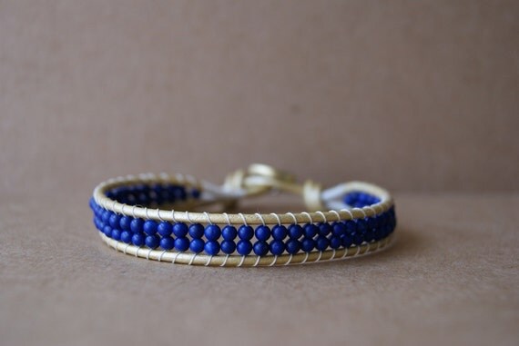 Single Wrap Bracelet blue lapis lazuli on metallic by Aqualaria