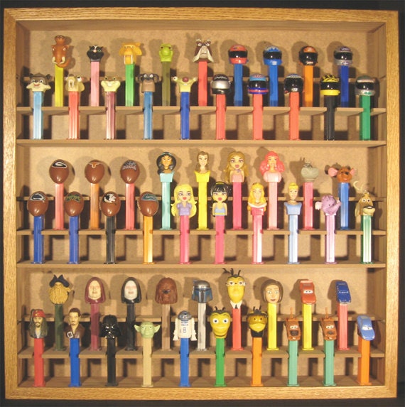 PEZ dispenser display case holds 57 with Free by dsbwoodproducts