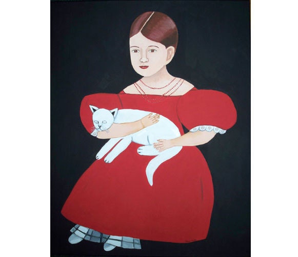 Folk Art Painting Commission Girl red dress Cat Canvas