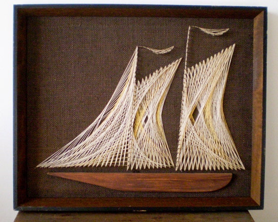 Vintage String Art Sailboat in Neutrals 16 x 20