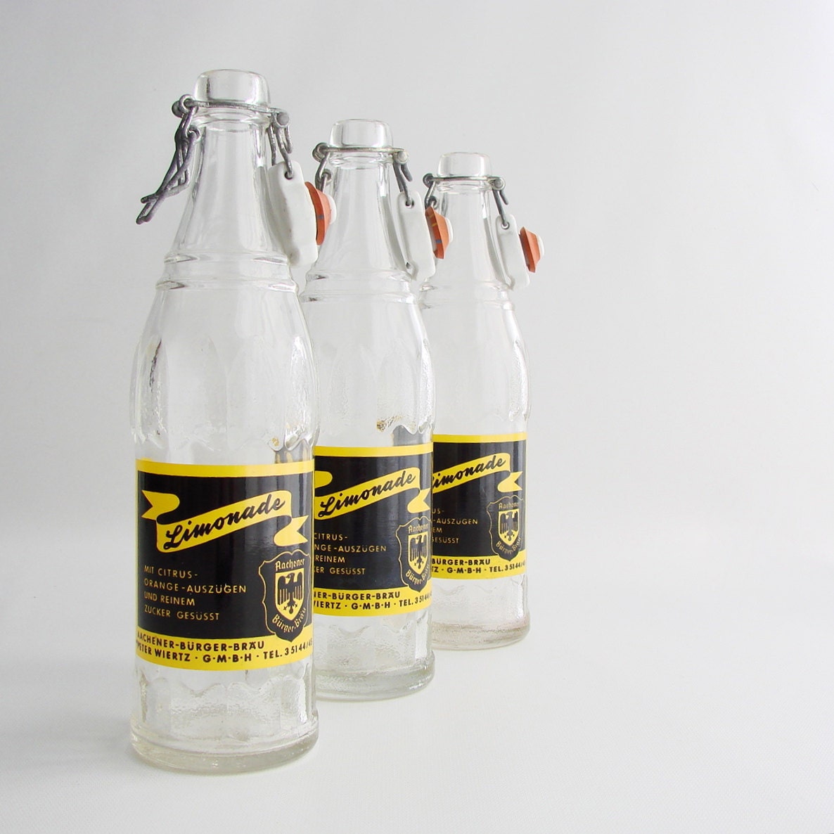 Vintage Lemonade Bottles with Porcelain Stoppers. Set of 3.