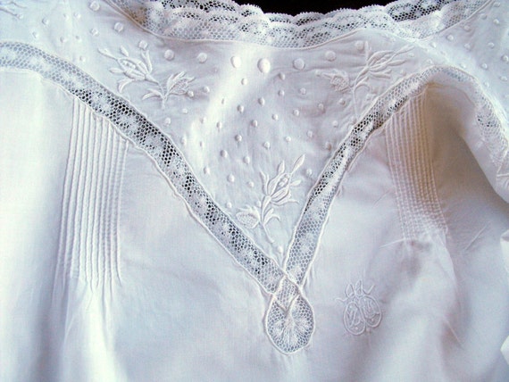 Vintage French Nightgown in Fine Cotton Batiste Lace and