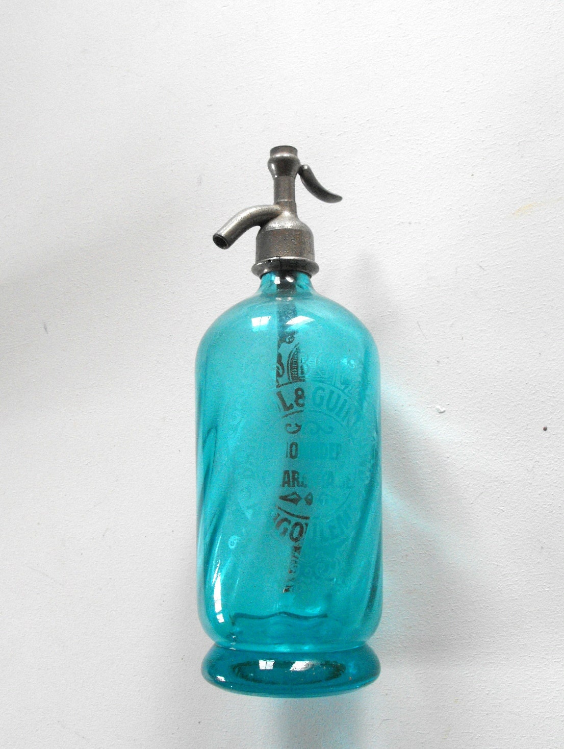 ON SALE Seltzer Bottle Antique French Blue Glass 1931 Superbe