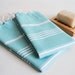 SET 2 Head and Hand Towel Peshkir - Light Blue Green (white striped)