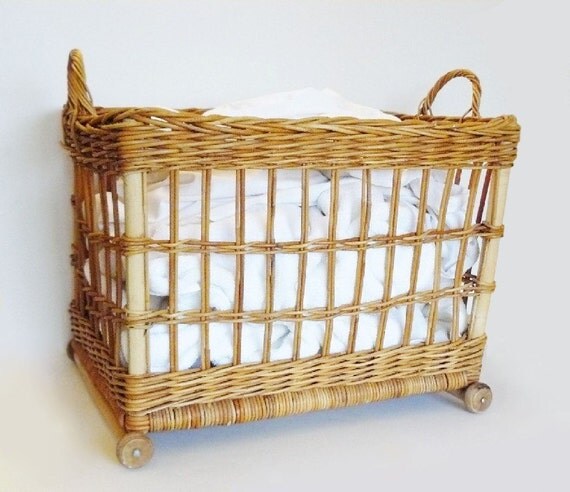 Vintage French Country Rolling Wicker Laundry Basket