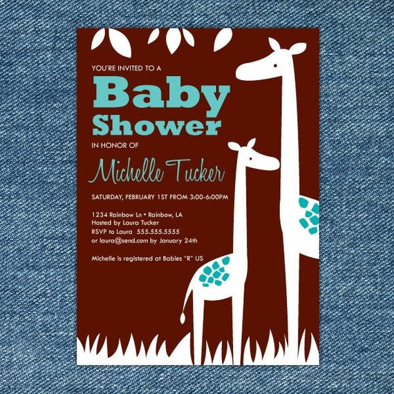 Giraffe Baby Shower Printable Invitation Aqua & Brown Il_570xn
