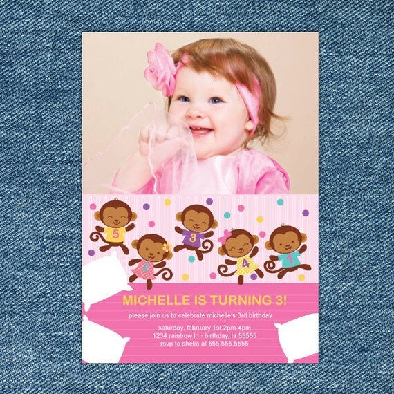 Girl Monkey Birthday Invitation Printable - Five Little Monkeys - Monkey Party - Pink 1st Birthday Invitation - Girl First Birthday Il_570xn