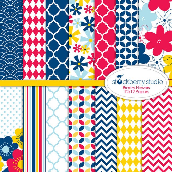 Breezy Flowers Digital Scrapbooking 12-12x12 Paper Pack Il_570xn
