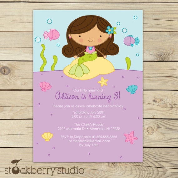 Brunette Mermaid Birthday Party Printable 5x7 Invitation Il_570xn