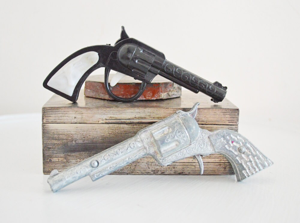 Pair Vintage Toy Guns Cap Gun Ornate Silver Metal by mothrasue