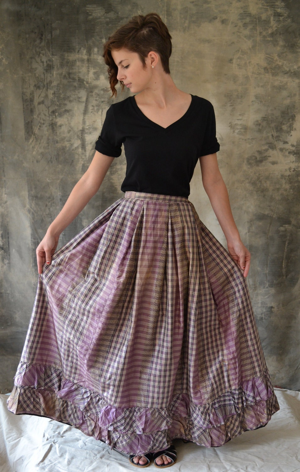 1850s purple plaid silk skirt Linsey-woolsey lining