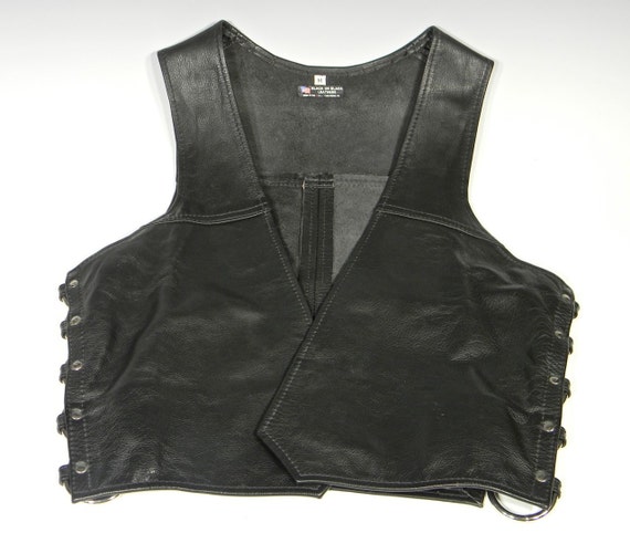 Men's Med Black Leather Bar Vest with Metal by DANCINGFAUNEMPORIUM