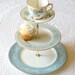 Alice Draws Blue Roses 3-Tier Cupcake Stand of Vintage China for Garden Tea Party, a Something Blue Wedding or Birthday Dessert Pedestal Display