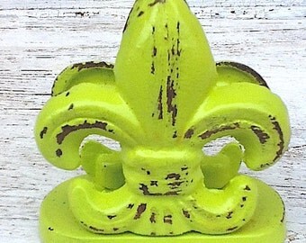 Lime Green - Fleur De Lis Business Card Holder - Bright Cast Iron-Bold Colors -Shabby Chic-Metal Office Decor Apple Green Retro-Neon