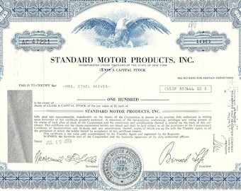 Standard Motor Products Vintage Original Stock Certificate, 1960's-70's