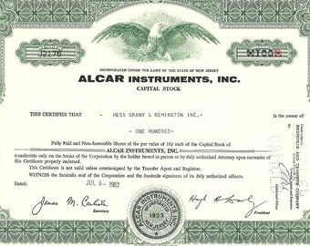 ALCAR Instruments Vintage Original Stock Certificate, 1960's