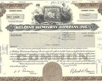 Belding Heminway Vintage Original Stock Certificate (brown), 1980-90's
