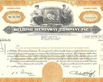 Belding Heminway Vintage Original Stock Certificate (orange), 1970-80s