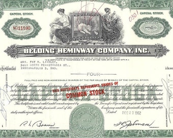 Belding Heminway Vintage Original Capital Stock Certificate (green), 1960s