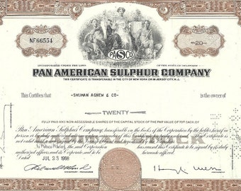 Pan American Sulphur Company Vintage Original Stock Certificate (brown), 1960's