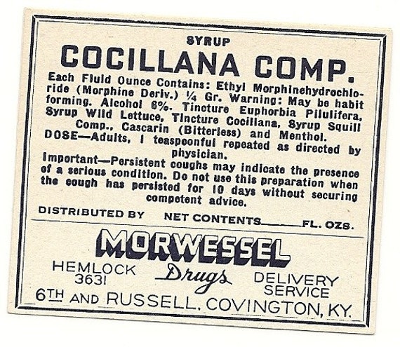 Cocillana Syrup Compound Morphine Vintage Pharmacy Label