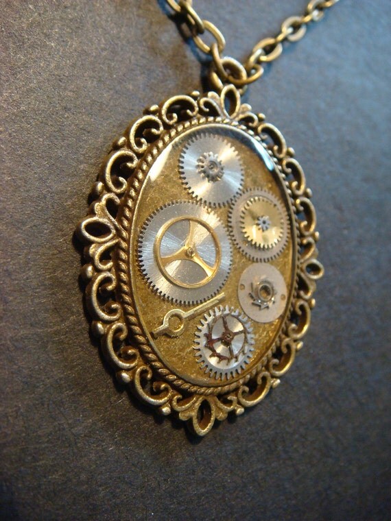 Victorian Stye Steampunk Necklace Gears Set in Ice Resin