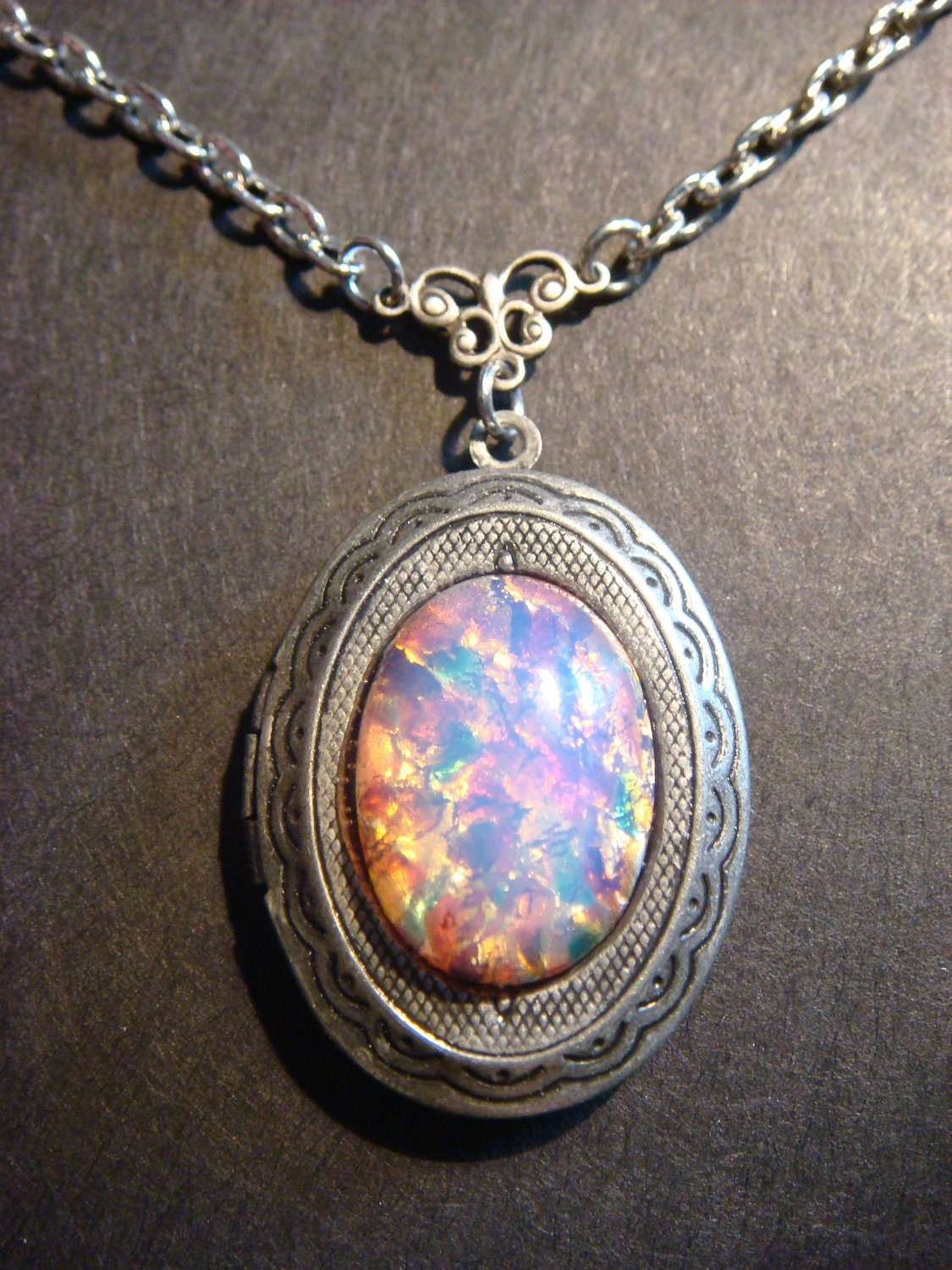 Victorian Style Fire Opal Locket Necklace in Antique Silver