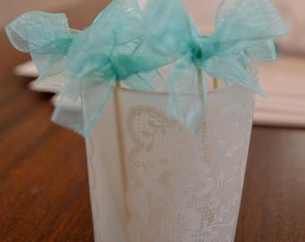 Food Picks Hors D'ouevres turquoise/tiffany blue bows, ribbon Set of 12 Food Decoration, tooth picks wedding bridal shower party