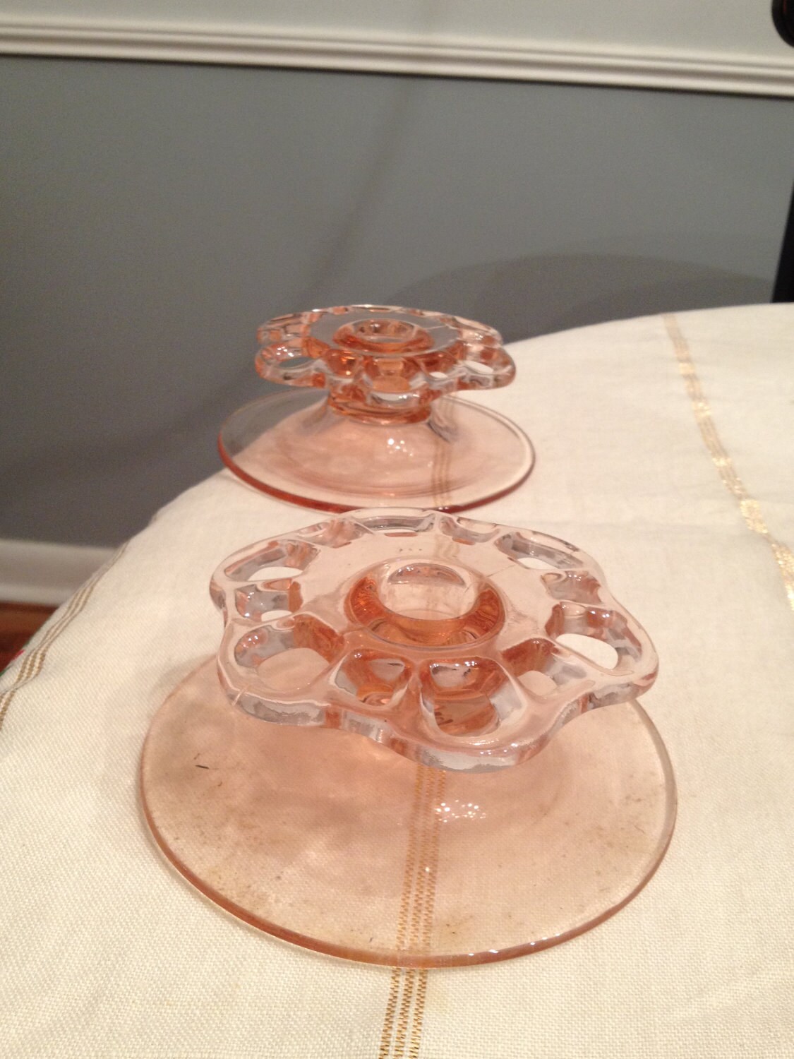 Open Lace Pink Depression Glass Candle Stick Holders