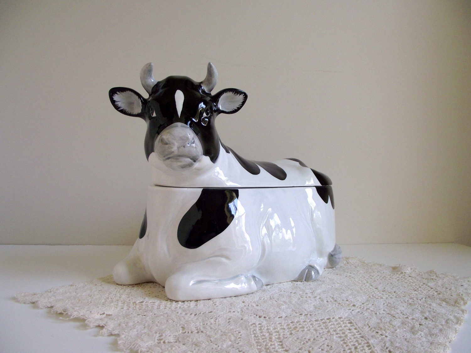 Cow Cookie Jar Otagiri Black and White Cow Porcelain Cookie