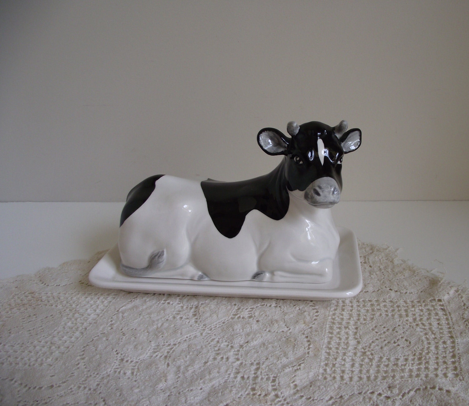 Cow Butter Dish Otagiri Black and White Cow Porcelain