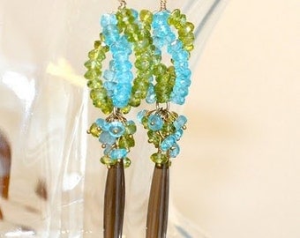 Long Gold Earrings, Peridot, Apatite, Smooth Olive Smoky Quartz