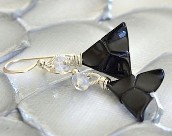 Australian Opal, Black Onyx, Silver Geometric Modern Earrings