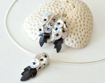 Black Spinel Keishi Pearl Silver Earrings and Necklace Set
