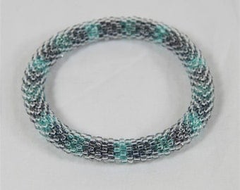 Blue and Green Seed Bead Crochet Bangle - Ready to Ship