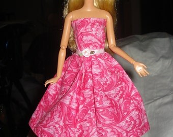 Bright pink swirl print semi-formal dress for Fashion Dolls - ed127