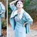 R E S E R V E D DEAL of the day - 60s - The Red Carpet - ice blue maxi dress and matching jacket heavily beaded with white mink - size m l