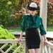 80s - Miss Hunter - green plaid button up blouse with kitten bow ascot - size l xl PLUS