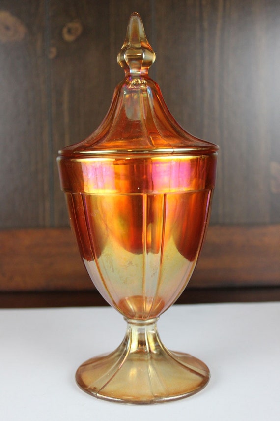 Vintage Marigold Carnival Glass Compote Dish w/ Lid