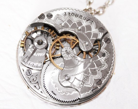 Steampunk Necklace - Captivating 90+ yrs old GUILLOCHE ETCHED ELGIN Antique Pocket Watch Movement Silver Men Steampunk Necklace Wedding Gift by TimeInFantasy steampunk buy now online