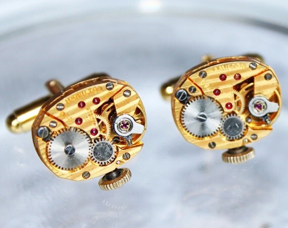 HAMILTON Steampunk Cufflinks -Exotic GOLD PINSTRIPE Vintage Watch Movement - Matching Men Steampunk Cufflinks Cuff Links Wedding Gift by TimeInFantasy steampunk buy now online