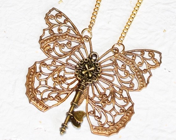 Gateway to the Ancient Myth Steampunk Necklace - Butterfly Key Steampunk Necklace (Anniversary Wedding Gift For Her)