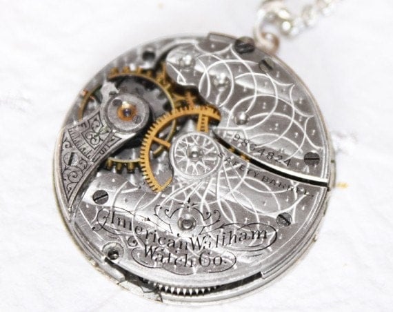 Steampunk Necklace - High End Spectacular Lotus GUILLOCHE ETCHED WALTHAM Antique Pocket Watch Movement Men Steampunk Necklace Wedding Gift