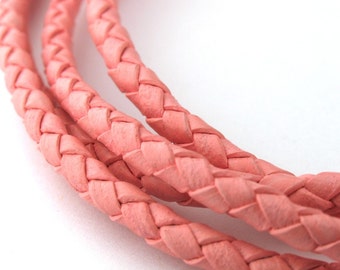 LBOLO0340614) 4.0mm Pink Genuine Braided Bolo Leather Cord. 1 meter, 3 meters, 4.7 meters. Length Available.